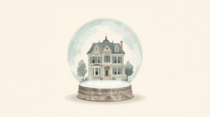 Watercolor illustration of a Victorian style home inside a glass snow globe with trees and falling snow, symbolizing protection and preservation of a family residence. Missouri Medicaid Planning 2026.