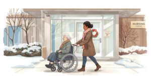 Illustration of an adult daughter pushing her elderly parent in a wheelchair toward the entrance of a nursing home, representing the transition to long-term care and family caregiving decisions. Nursing home planning questions.