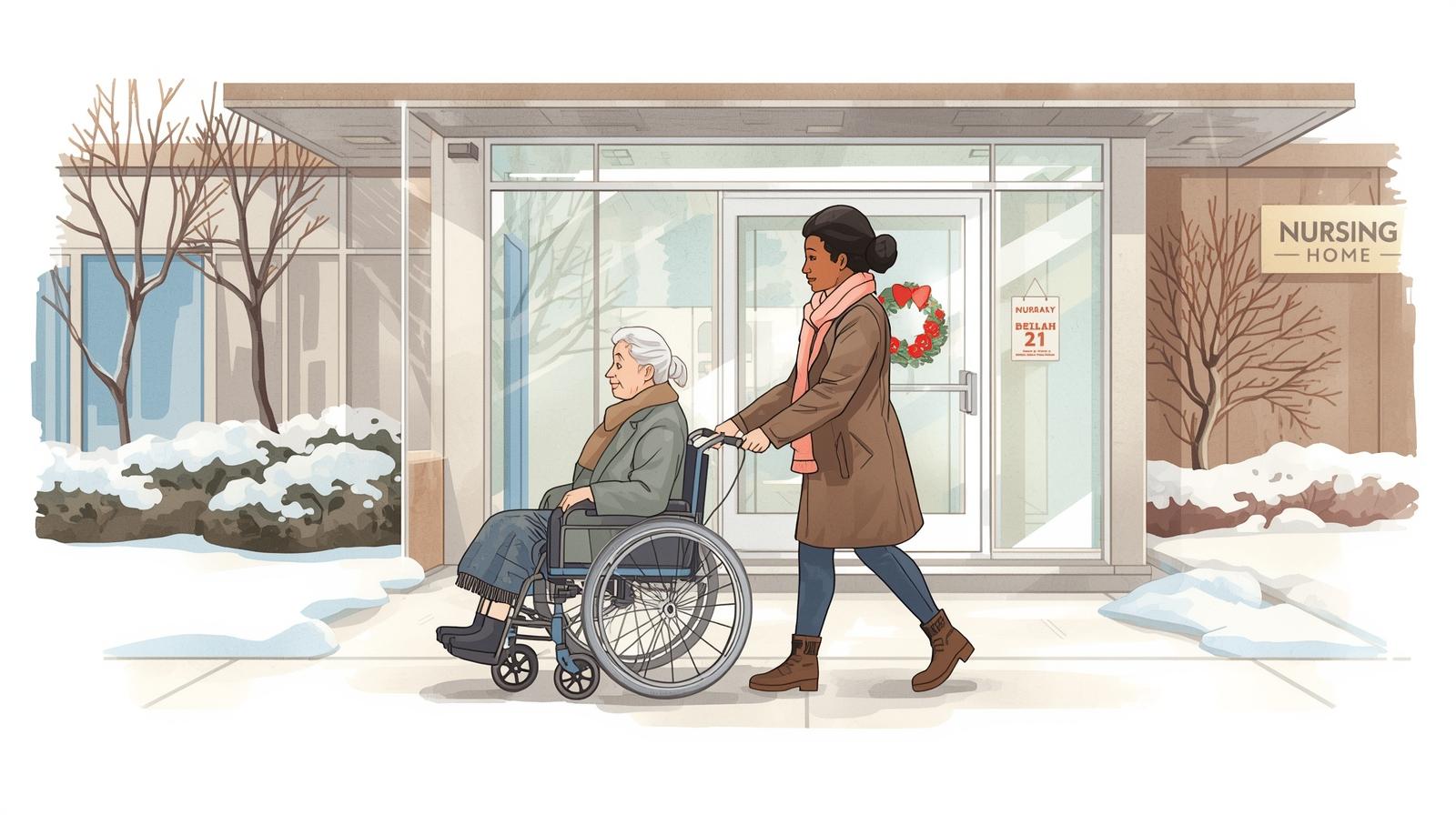 Illustration of an adult daughter pushing her elderly parent in a wheelchair toward the entrance of a nursing home, representing the transition to long-term care and family caregiving decisions. Nursing home planning questions.