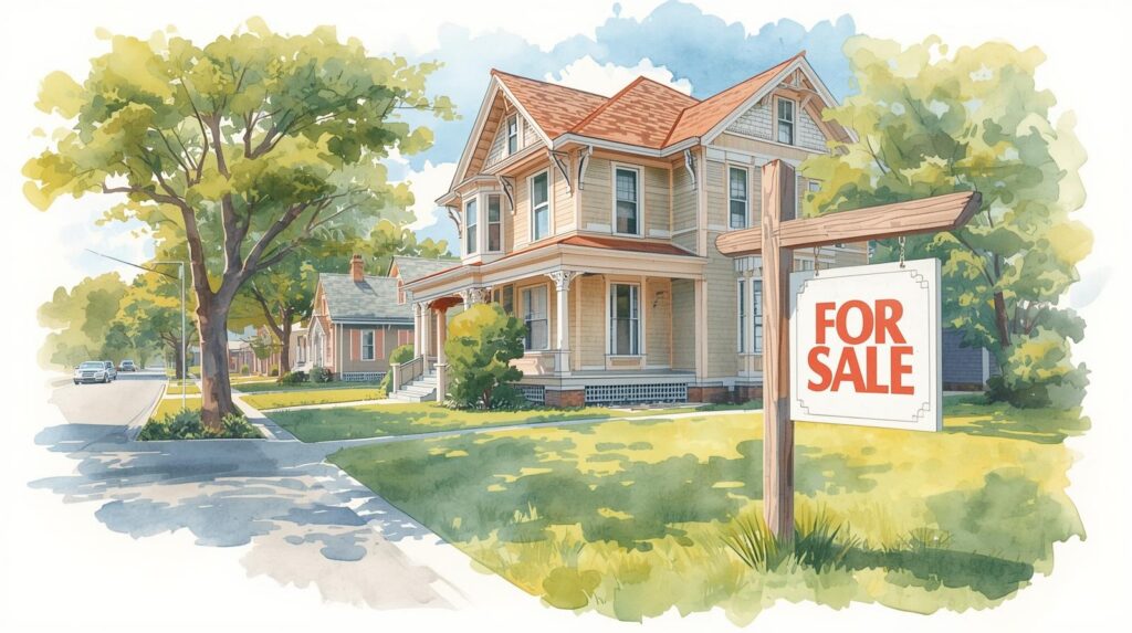 Watercolor illustration of a family home with a for sale sign in the yard, symbolizing the risk of losing a house due to long-term care costs and estate planning decisions. Medicaid estate recovery.