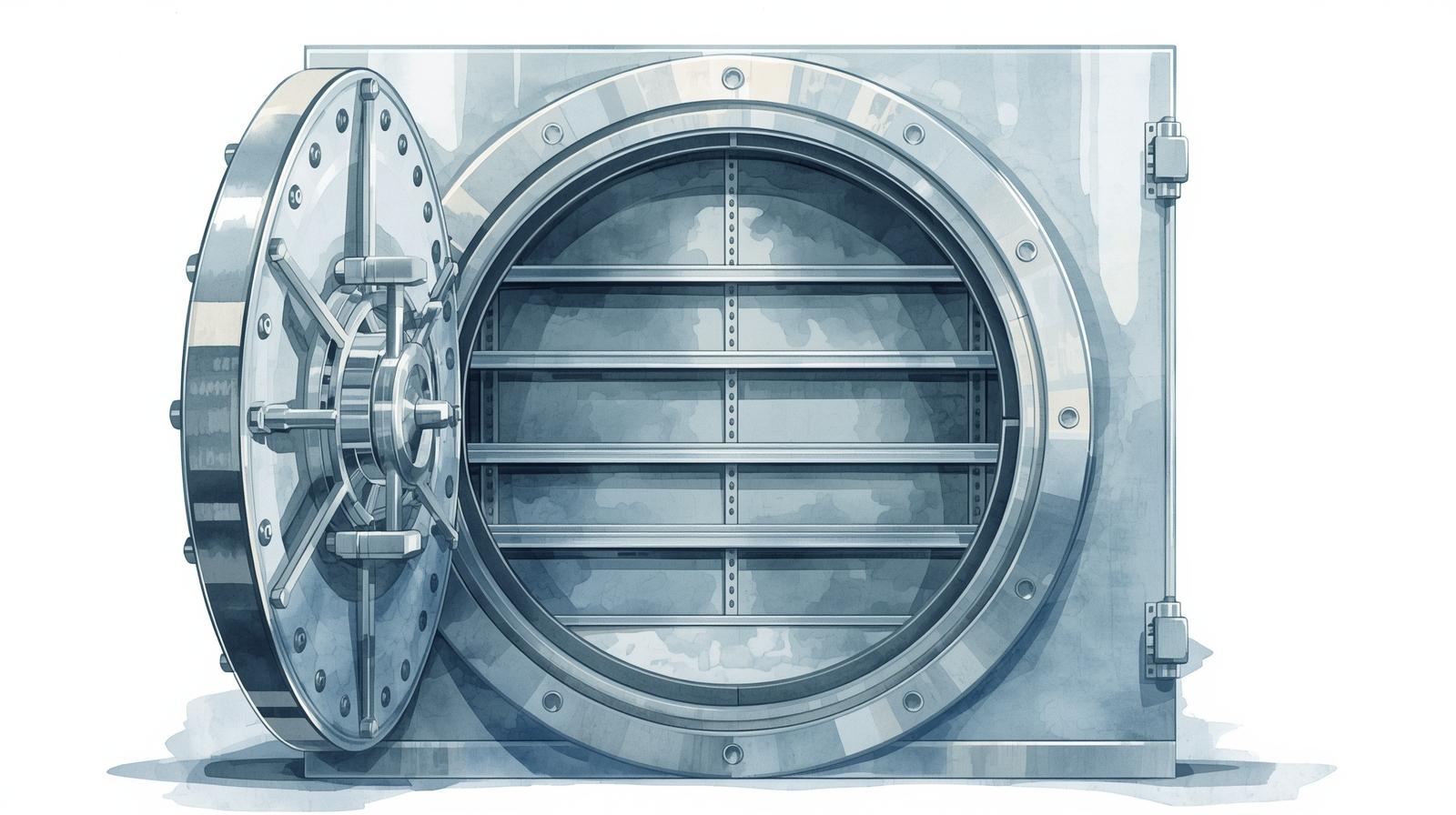 Illustration of an open, empty vault with shelves inside, symbolizing a trust that exists but holds no assets or property. Unfunded trust.