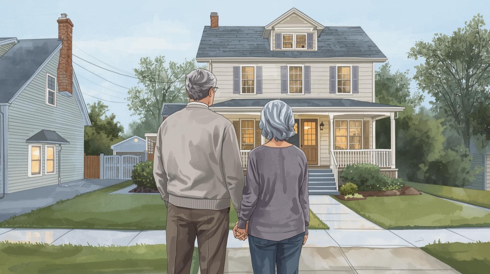 Older couple holding hands and looking at their family home from the sidewalk, reflecting on the next stage of life after their children have moved out. Empty nest estate planning.