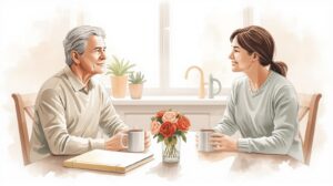 An older parent and adult child sit at a kitchen table with coffee, having a calm, intentional conversation about important life matters. Estate planning.