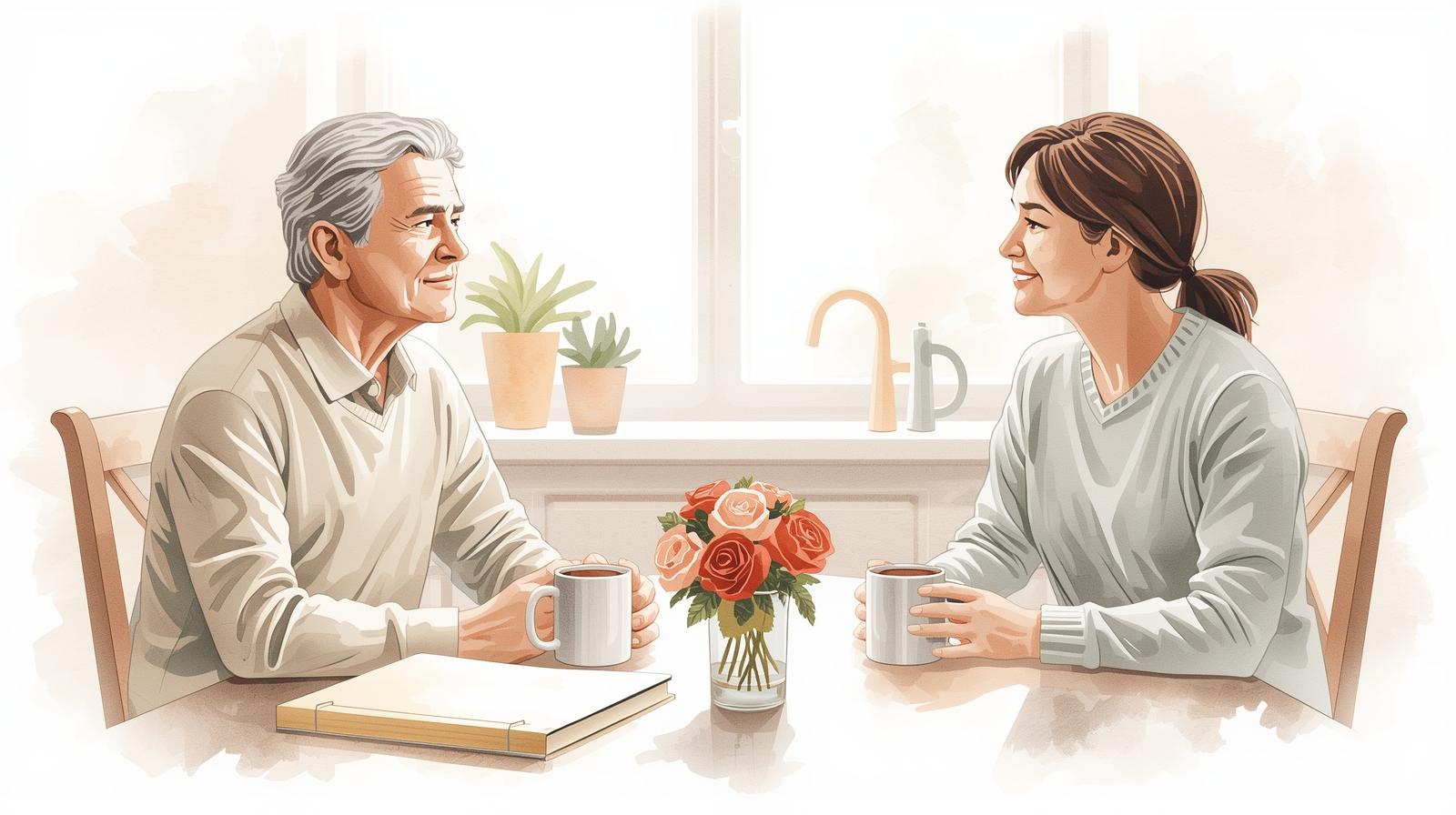 An older parent and adult child sit at a kitchen table with coffee, having a calm, intentional conversation about important life matters. Estate planning.