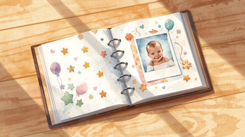 A watercolor-style illustration of an open baby photo album on a wooden table, showing an old baby portrait surrounded by stars, balloons, and playful decorations, symbolizing how time and family life change. An outdated estate plan can cause problems when it no longer reflects your current life.