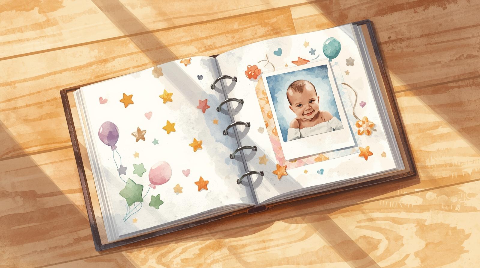 A watercolor-style illustration of an open baby photo album on a wooden table, showing an old baby portrait surrounded by stars, balloons, and playful decorations, symbolizing how time and family life change. An outdated estate plan can cause problems when it no longer reflects your current life.