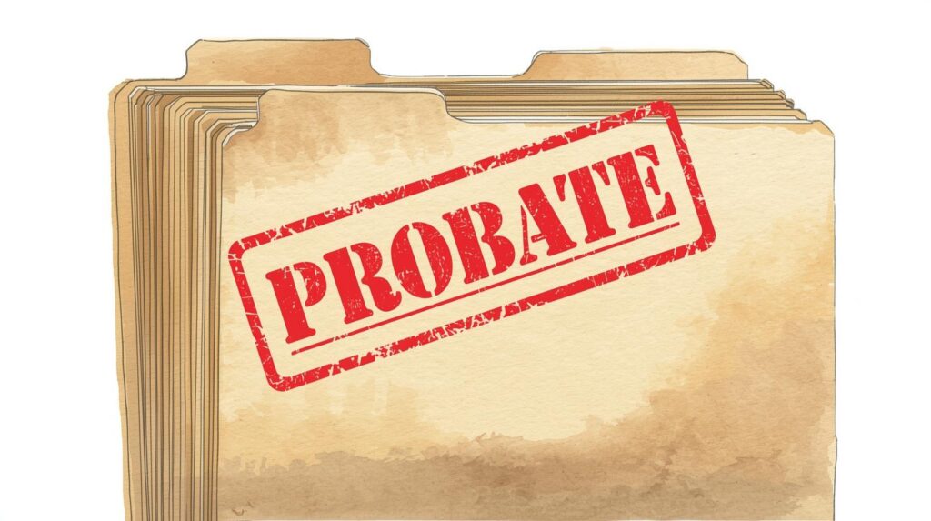 Illustration of a stack of manila file folders stamped with the word “Probate,” representing court proceedings and estate administration after death. Probate mistakes.