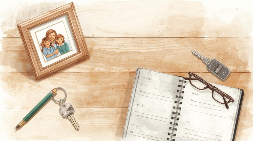 A watercolor-style illustration of a wooden table with a framed family photo, house keys, a notebook with handwritten notes, reading glasses, and a car key, representing changes in family, assets, and responsibilities over time. Estate plan updates help ensure your documents reflect these changes.
