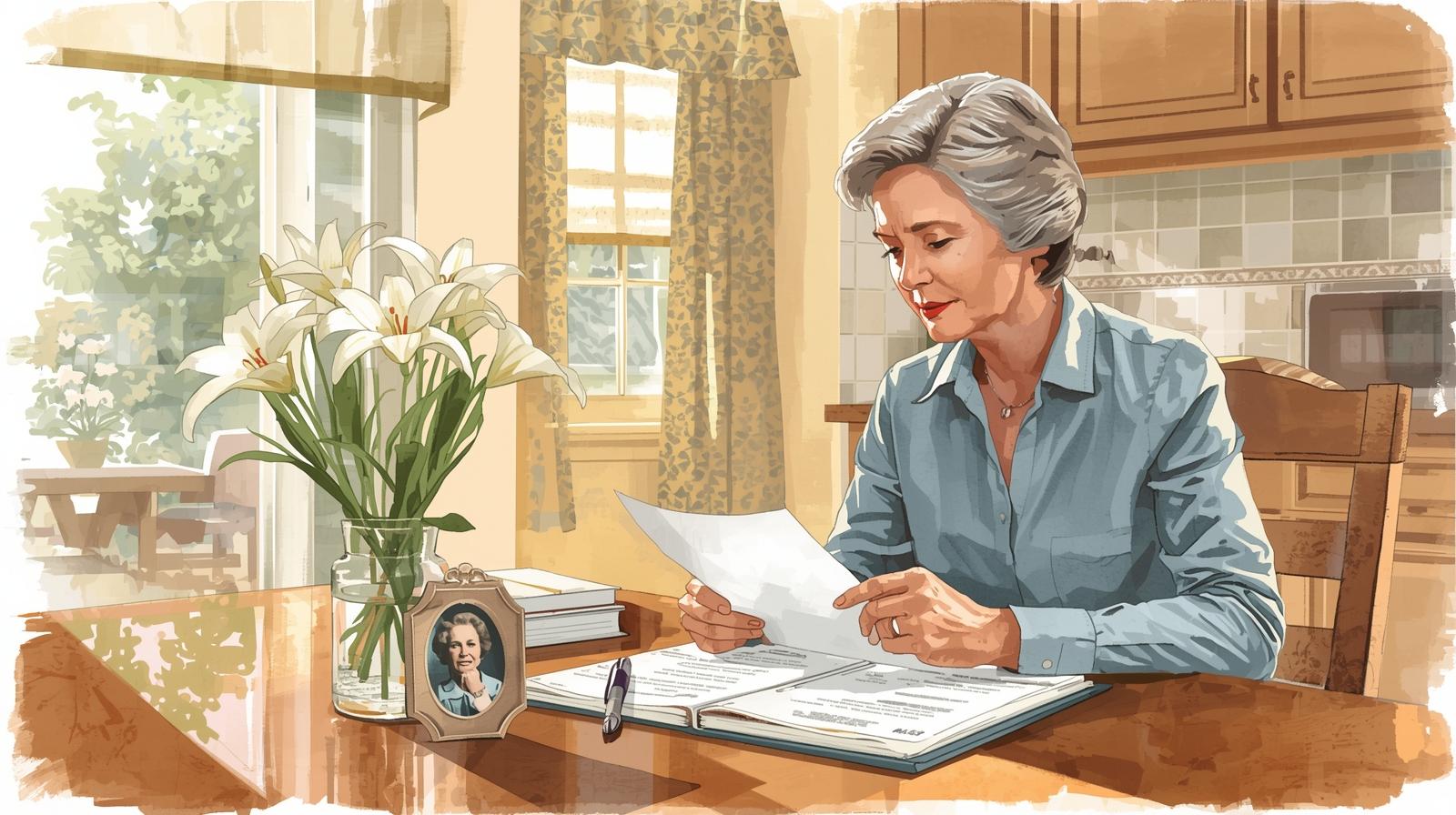 An elderly woman reviews legal documents at a kitchen table filled with paperwork, a framed photograph, and a vase of white lilies, suggesting she is settling estate matters after a loss. Executor responsibilities in Missouri.