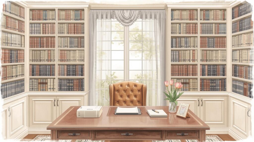 Elegant home office with a large wooden desk, estate planning documents, bookshelves filled with legal volumes, and soft natural light, representing a structured and traditional estate planning setup. An old estate plan may no longer reflect your current assets, family structure, or legal landscape.