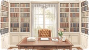 Elegant home office with a large wooden desk, estate planning documents, bookshelves filled with legal volumes, and soft natural light, representing a structured and traditional estate planning setup. An old estate plan may no longer reflect your current assets, family structure, or legal landscape.