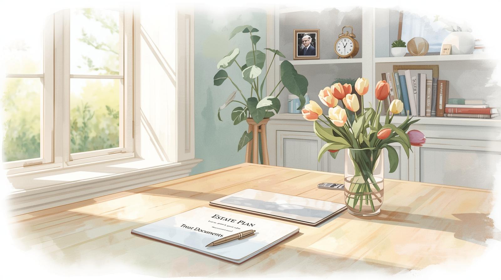 Sunlit home interior with estate planning documents and a pen on a wooden table, with soft spring light, greenery, and a vase of flowers in the background, representing an estate plan review. An estate plan review helps ensure your documents stay aligned with your current assets, family, and wishes.