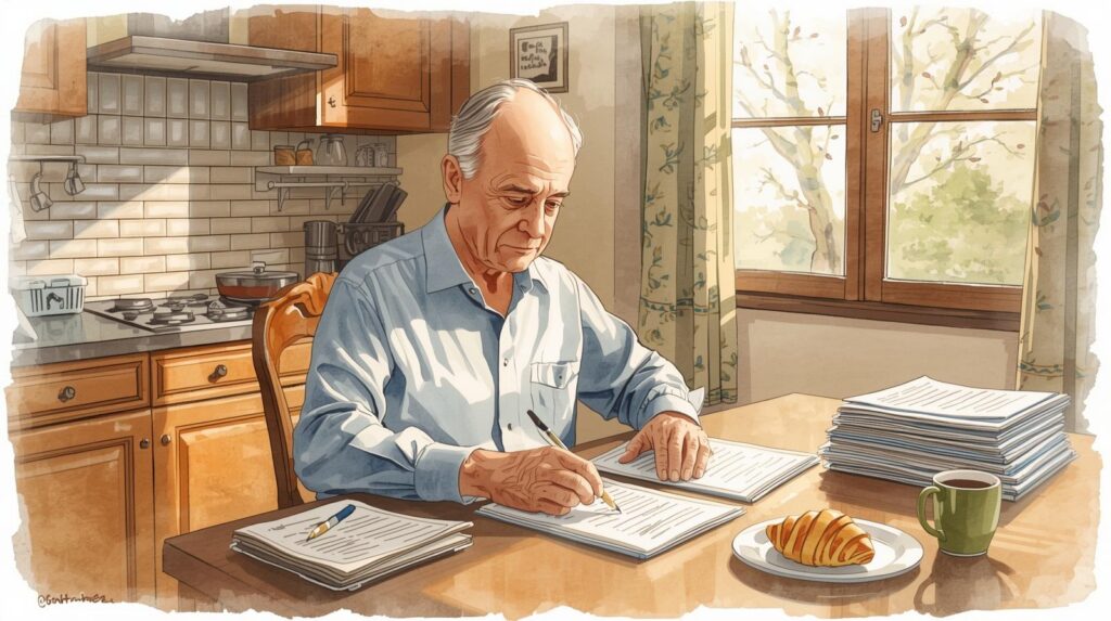 Older man acting as executor reviewing probate paperwork at a kitchen table with stacks of documents and a cup of coffee while settling an estate in Missouri. How long does probate take in Missouri