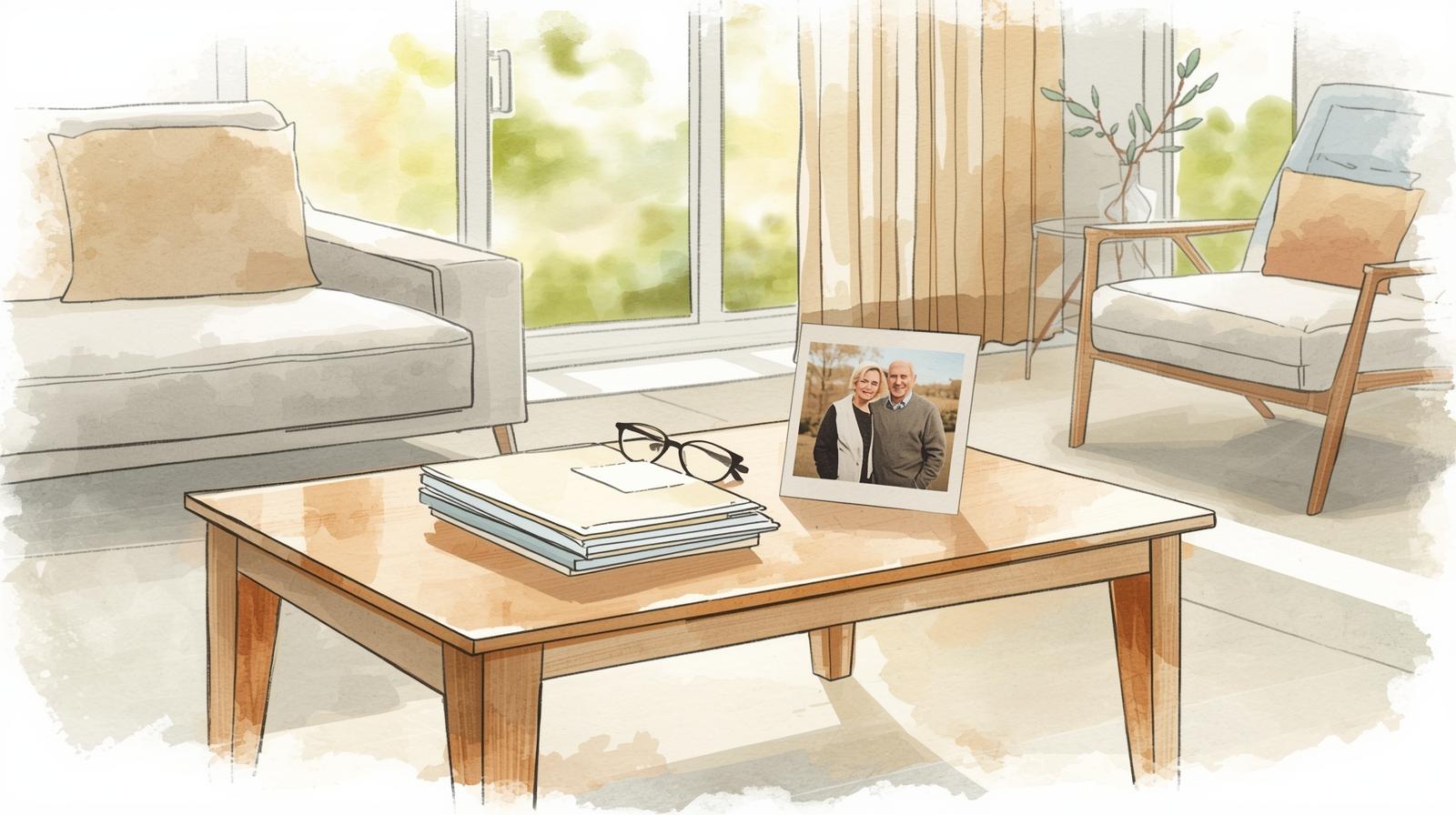 Living room coffee table with estate paperwork, glasses, and a framed photo of an older couple, symbolizing a surviving spouse organizing documents after a partner’s death. A surviving spouse in Missouri may need to gather important financial documents and understand the probate process after the loss of a spouse.