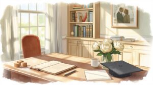 A bright, airy home office with an open estate planning document on a desk, alongside a pen, coffee mug, flowers, and a graduation cap, symbolizing life transitions and the need to revisit planning decisions. Empty nesters estate planning.