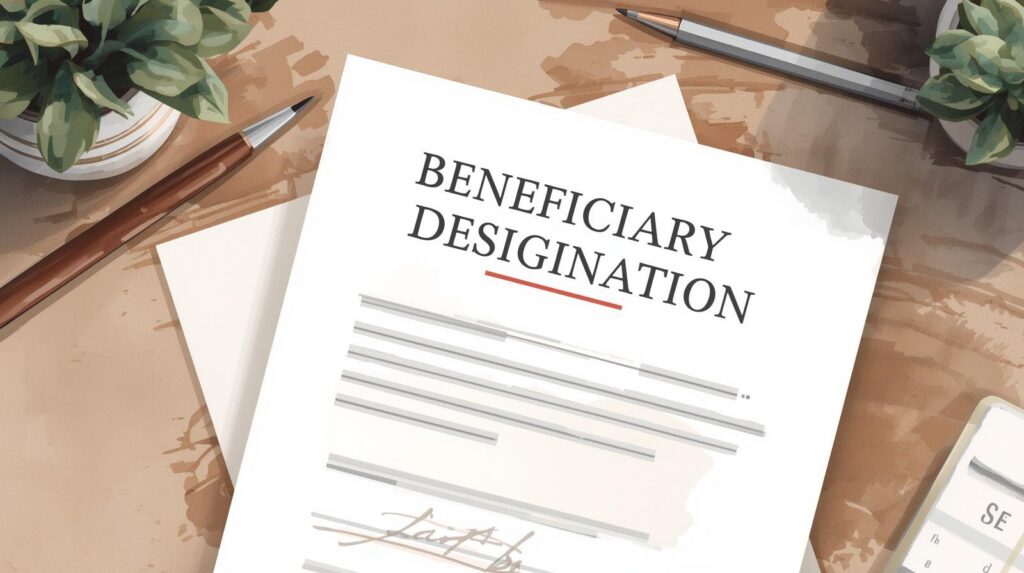 A close-up of a beneficiary designation form on a desk with pens and documents, highlighting the importance of properly naming beneficiaries. Beneficiary designations after divorce.