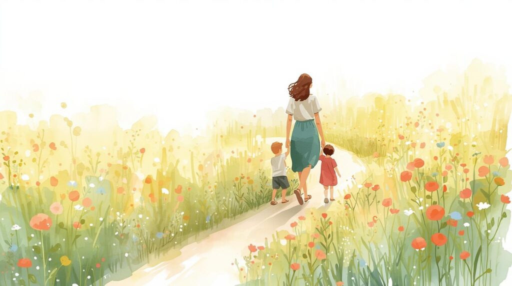 A mother walks along a sunlit path through a field of wildflowers holding hands with her two young children, symbolizing a new chapter and protecting her family after divorce. Estate plan after divorce Missouri.