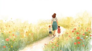 A mother walks along a sunlit path through a field of wildflowers holding hands with her two young children, symbolizing a new chapter and protecting her family after divorce. Estate plan after divorce Missouri.