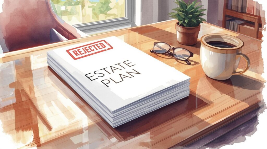 A stack of estate planning documents labeled “Estate Plan” sits on a desk with a red “Rejected” stamp on top, symbolizing failed or incomplete planning. DIY estate planning risks.