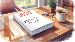 A stack of estate planning documents labeled “Estate Plan” sits on a desk with a red “Rejected” stamp on top, symbolizing failed or incomplete planning. DIY estate planning risks.