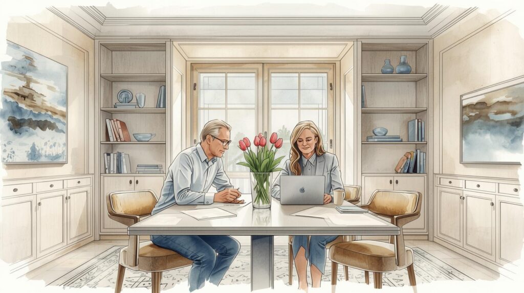 A couple reviews financial statements and a laptop at home, representing the connection between financial organization and long-term planning decisions. A couple reviews financial statements and a laptop at home, representing the connection between financial organization and long-term planning decisions. Estate planning and taxes.
