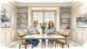 A couple reviews financial statements and a laptop at home, representing the connection between financial organization and long-term planning decisions. A couple reviews financial statements and a laptop at home, representing the connection between financial organization and long-term planning decisions. Estate planning and taxes.