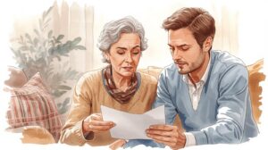 An older woman and her adult son sit together reviewing financial documents at home, discussing planning decisions and protecting assets during a long-term care situation. Missouri Medicaid asset protection strategies.