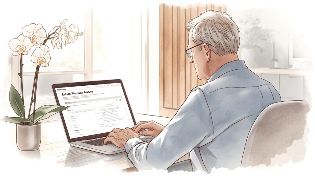 An older man sits at a desk using a laptop to review an online estate planning template, reflecting on decisions about wills and trusts at home. Difference between a will and a trust in Missouri.