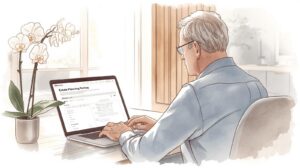 An older man sits at a desk using a laptop to review an online estate planning template, reflecting on decisions about wills and trusts at home. Difference between a will and a trust in Missouri.