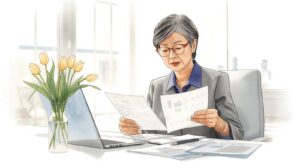 An older woman sits at a desk reviewing financial documents and statements beside a laptop, reflecting on her assets and planning decisions at home. Dying without an estate plan in Missouri.