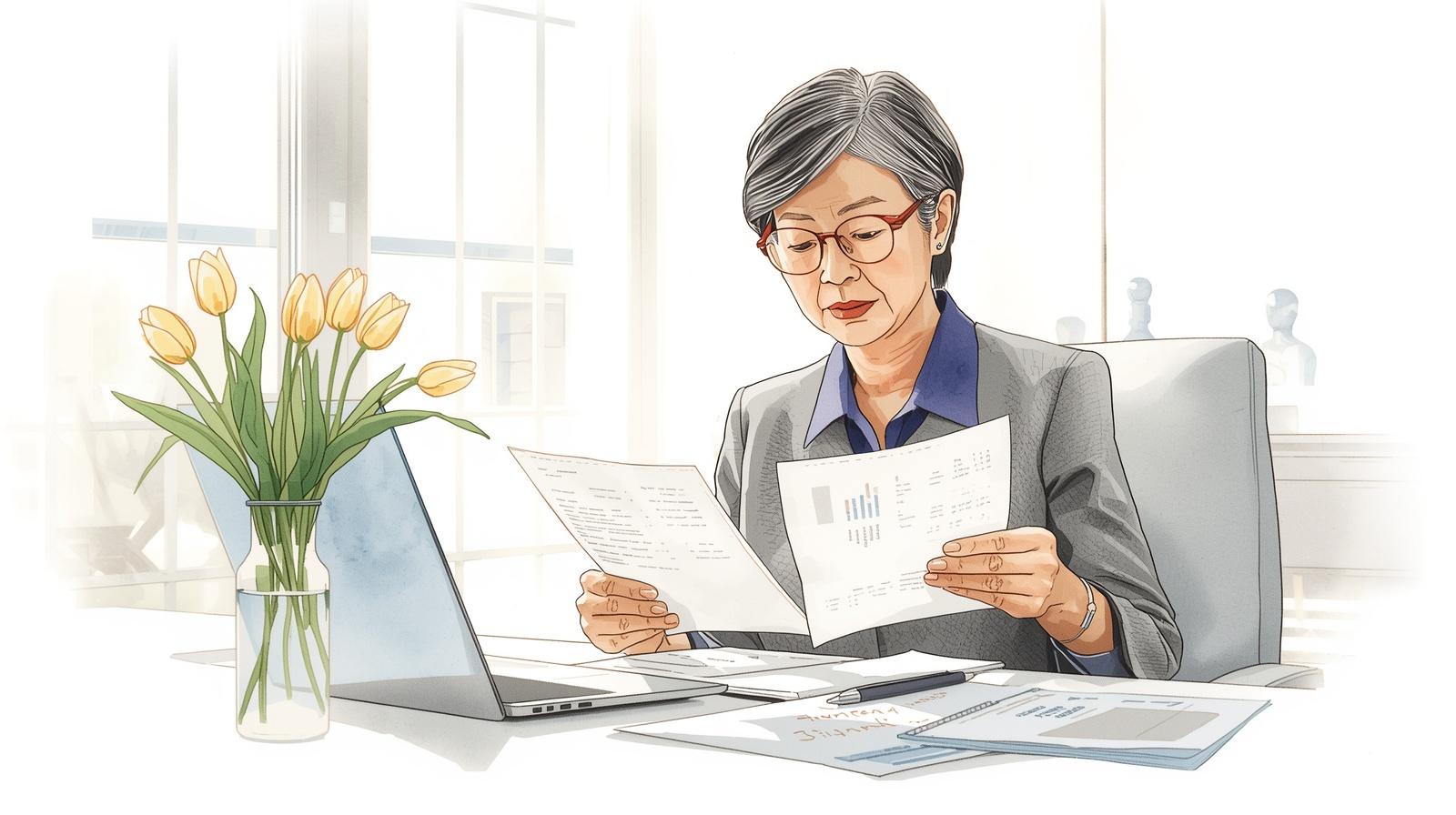 An older woman sits at a desk reviewing financial documents and statements beside a laptop, reflecting on her assets and planning decisions at home. Dying without an estate plan in Missouri.