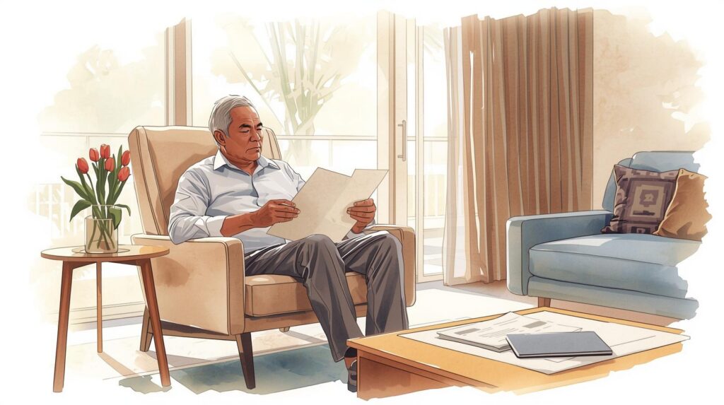 An older man sits in a modern living room reviewing financial documents, reflecting on his assets and planning decisions during tax season. Estate planning tax mistakes.