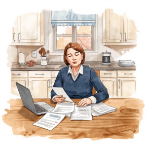 An adult woman sits at a kitchen table reviewing multiple documents with a laptop open beside her, appearing focused and slightly concerned as she organizes paperwork. Parents' important documents.