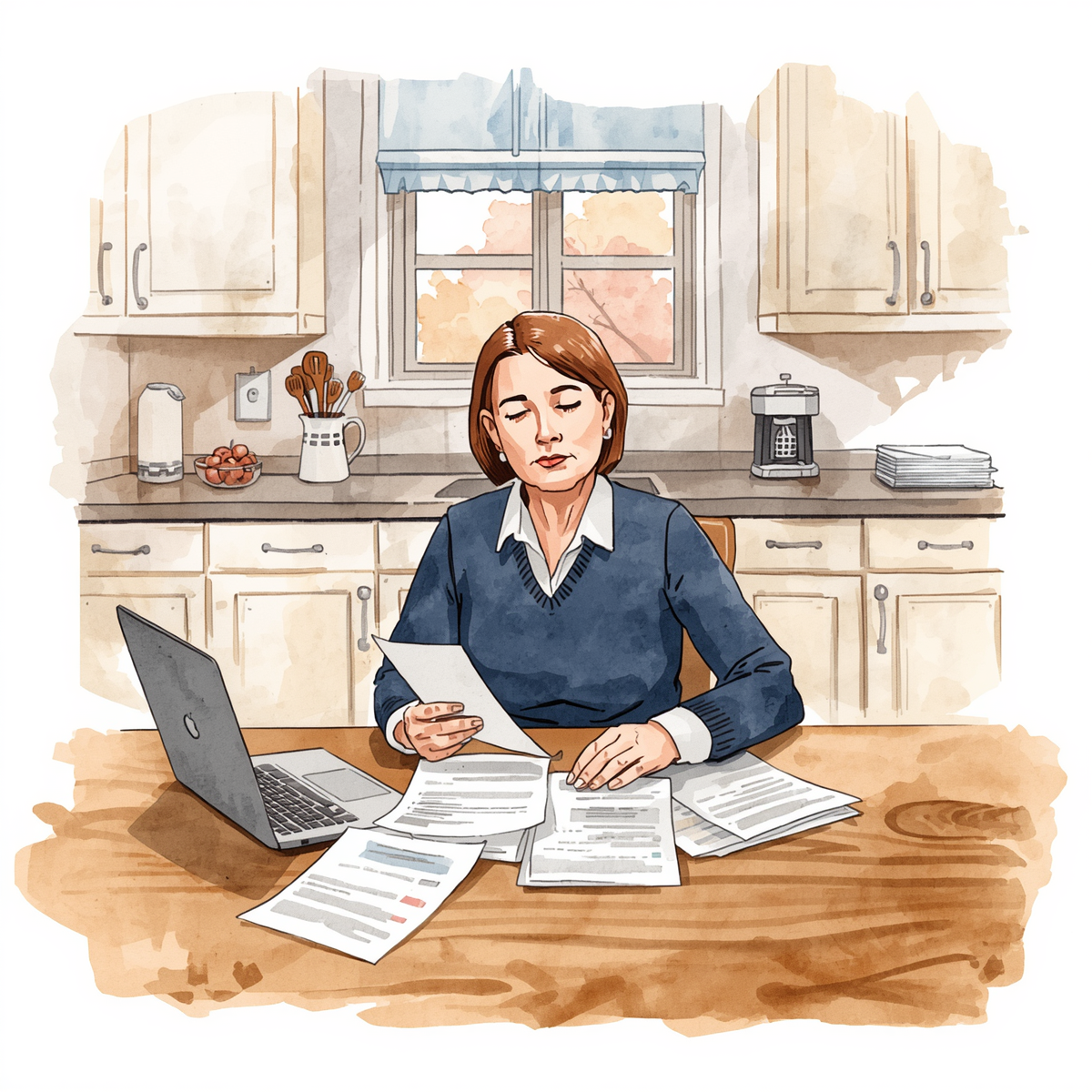 An adult woman sits at a kitchen table reviewing multiple documents with a laptop open beside her, appearing focused and slightly concerned as she organizes paperwork. Parents' important documents.