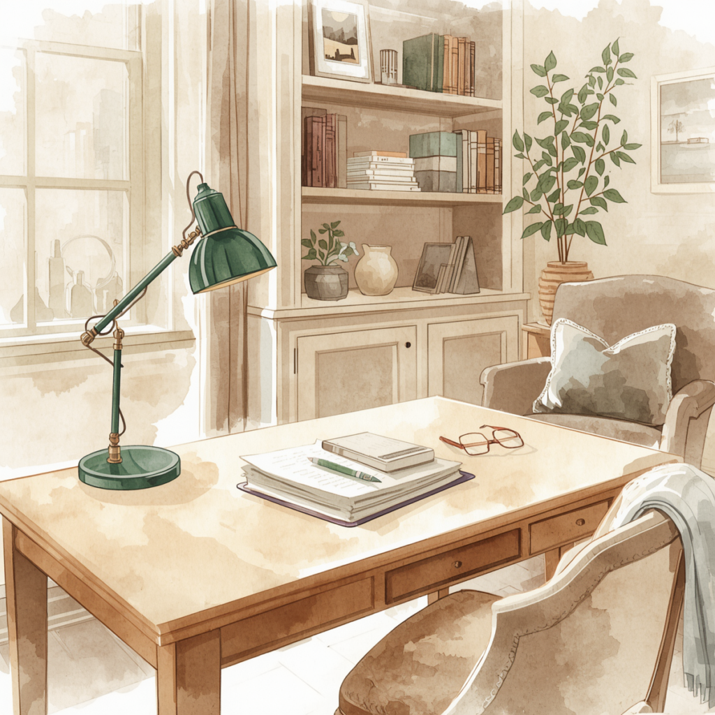 A calm home office with a wooden desk, bookshelves, a green reading lamp, and organized estate planning documents in a warm, sunlit room. Break an estate plan.