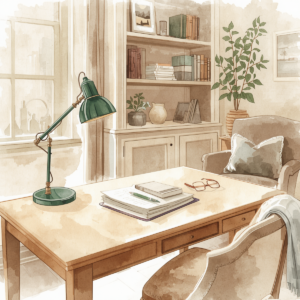 A calm home office with a wooden desk, bookshelves, a green reading lamp, and organized estate planning documents in a warm, sunlit room. Break an estate plan.