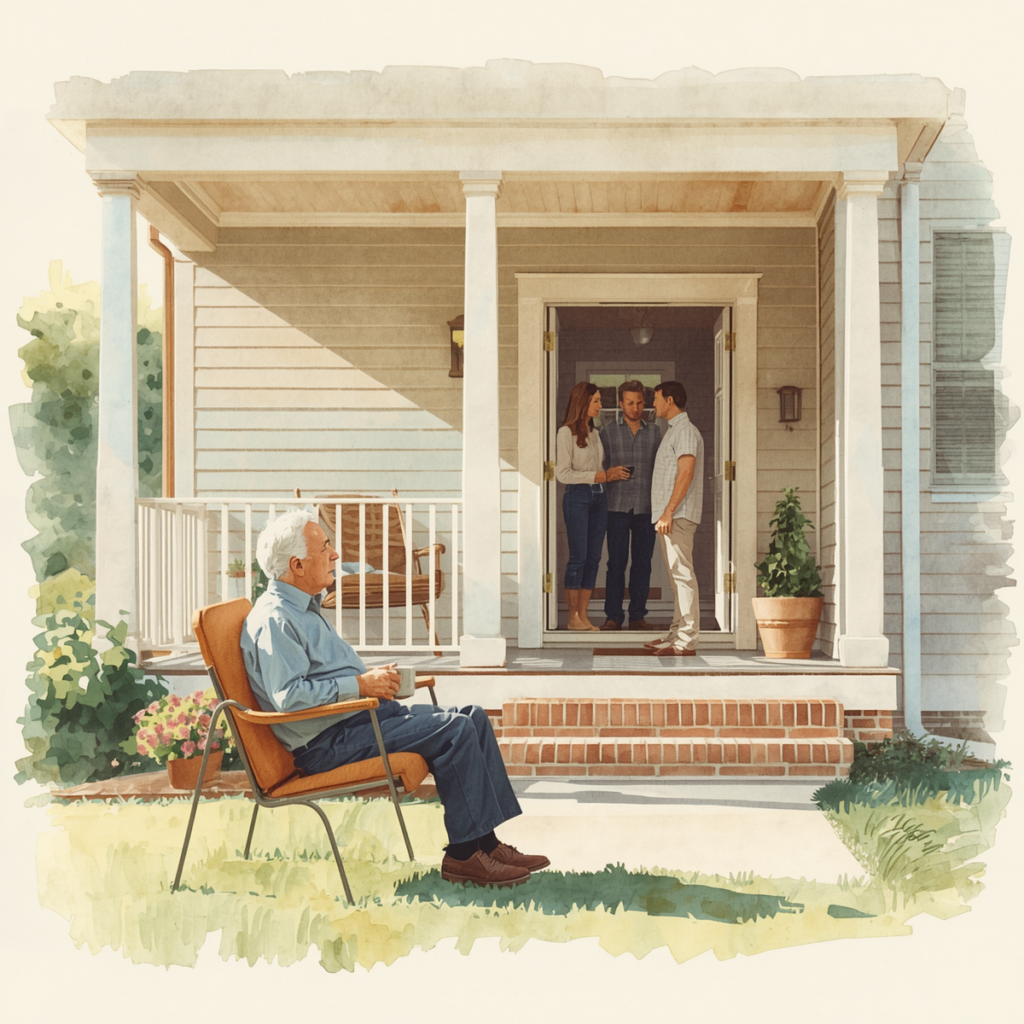 An older man sits quietly outside his home while two adult children stand in the doorway having a serious conversation about next steps for his care and future planning. Dad needs a nursing home.