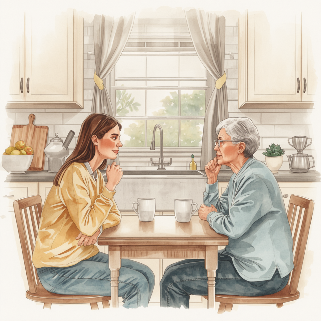 An adult daughter and her elderly mother sit across from each other at a kitchen table with coffee mugs, having a calm and thoughtful conversation in a warm, sunlit home. Estate planning conversation.