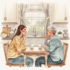 An adult daughter and her elderly mother sit across from each other at a kitchen table with coffee mugs, having a calm and thoughtful conversation in a warm, sunlit home. Estate planning conversation.