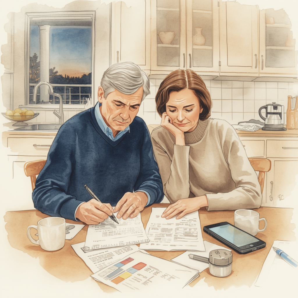 An older couple sits at a kitchen table reviewing bills and financial paperwork together, appearing concerned as they discuss money and long-term planning. Financially support adult children.
