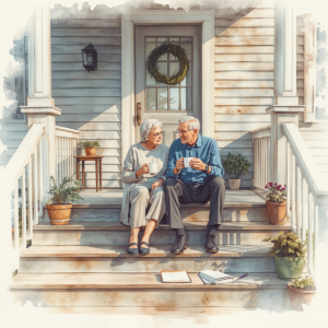 An older married couple sits together on the front porch steps of their family home holding coffee mugs and talking thoughtfully in the morning sunlight. Family home.