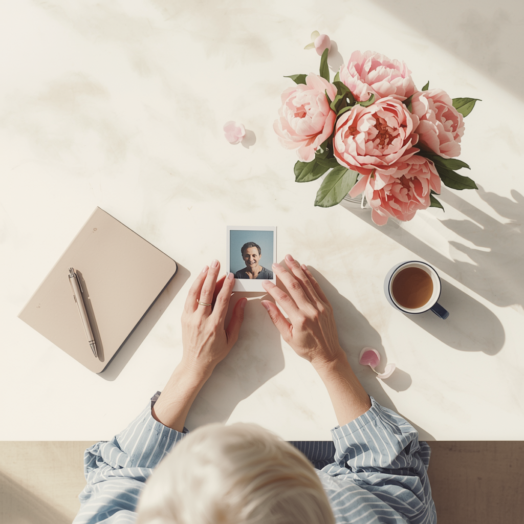An older woman sits at a table holding a photograph of a loved one beside a cup of coffee, a notebook, and a vase of pink peonies in soft morning light. What happens if a beneficiary dies before you.