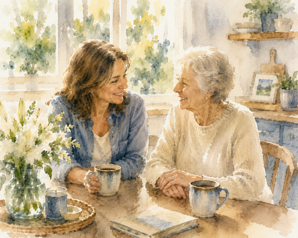 Adult daughter talking with her elderly mother while sharing coffee in a warm, sunlit home. Elder law attorney.