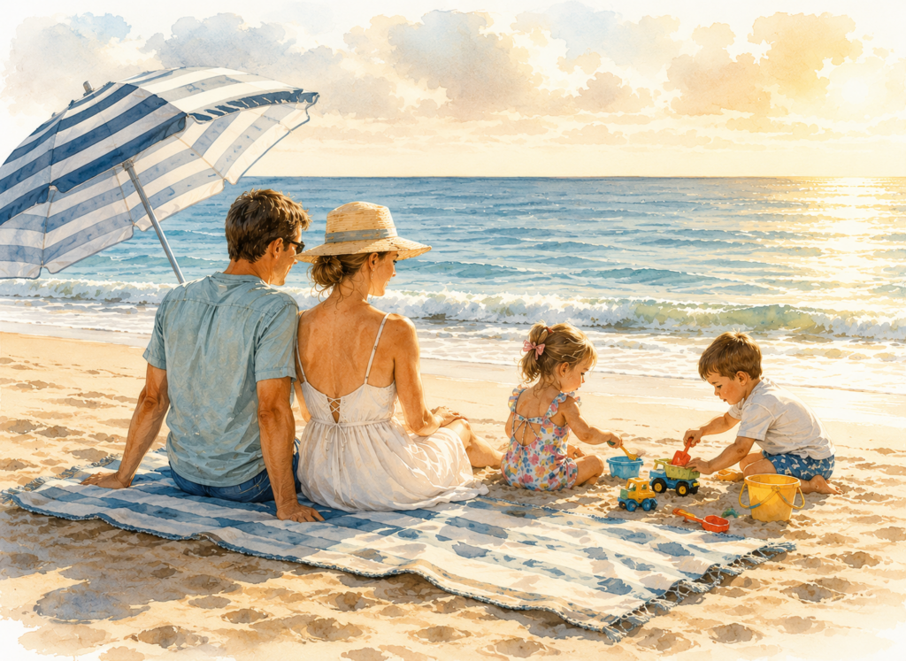 Parents and young children enjoying a peaceful day together on the beach at sunset. Named guardian.