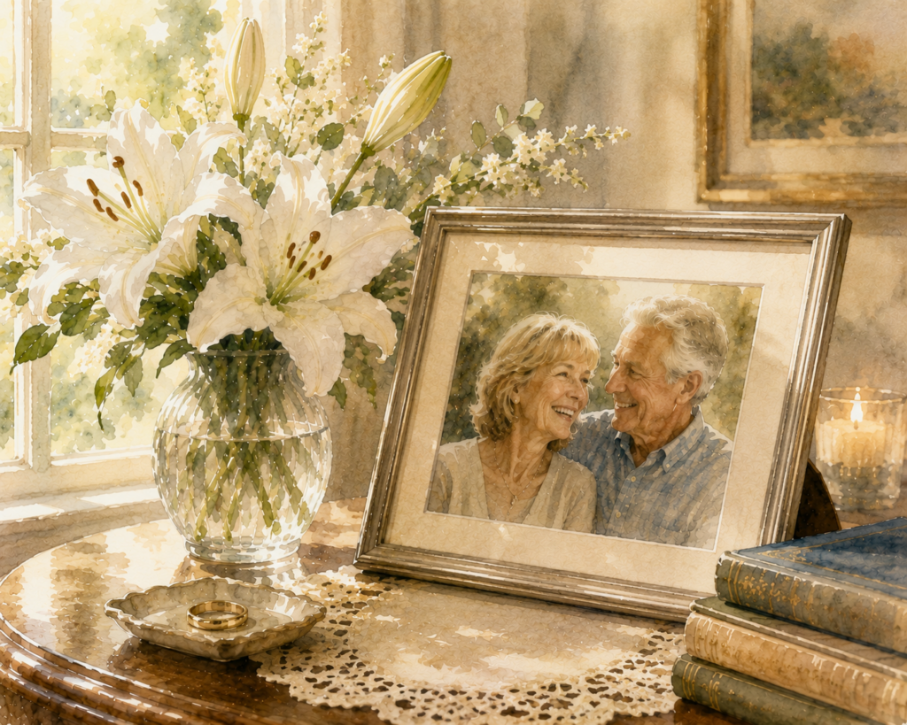 Wedding ring, white lilies, and a framed photograph of a married couple displayed in a warm, sunlit home. Medicaid planning.