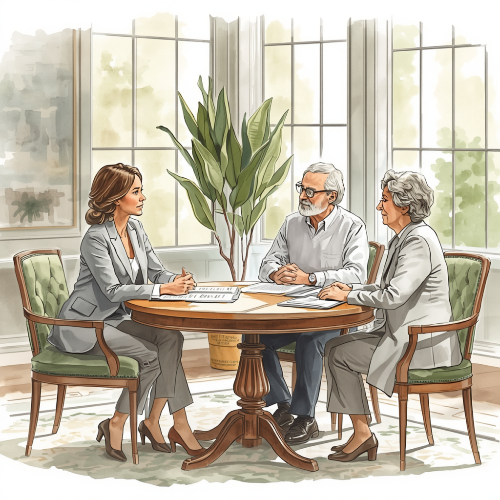 An attorney meeting with an older couple to discuss wills, trusts, and long-term family planning. Missouri estate planning attorney.