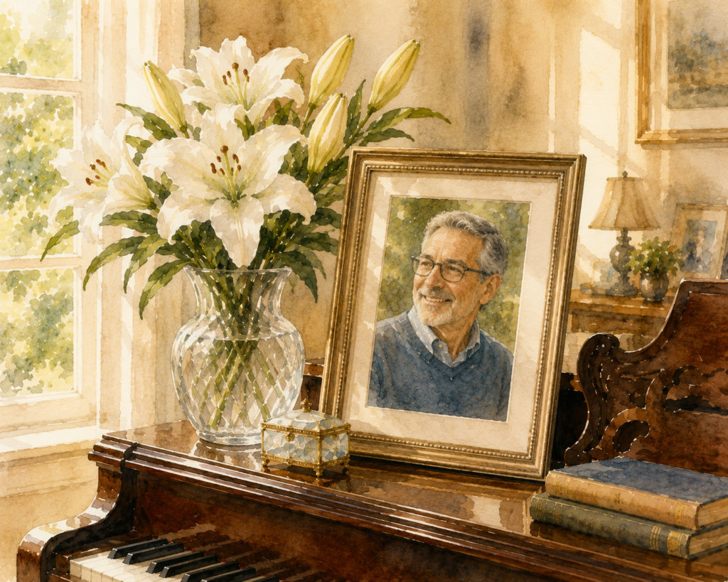 Watercolor illustration of a framed portrait beside white lilies on a piano, representing a family preparing for probate court after the loss of a spouse.