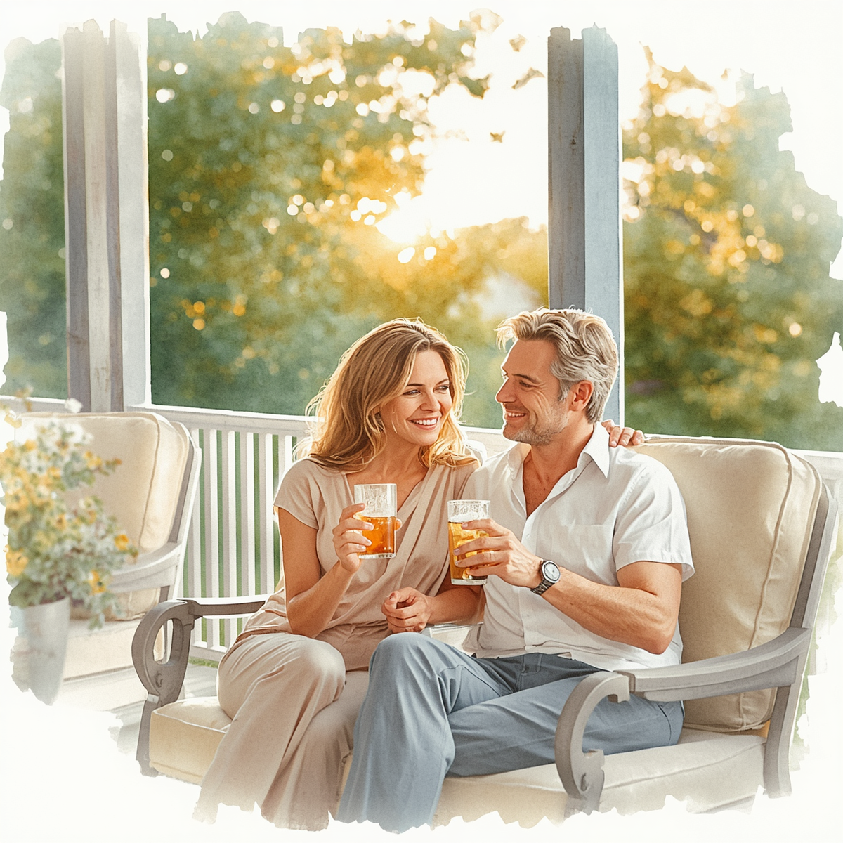 Affluent couple relaxing together on a covered porch at sunset, enjoying iced tea and a peaceful conversation about the future. Estate planning attorney St. Louis.