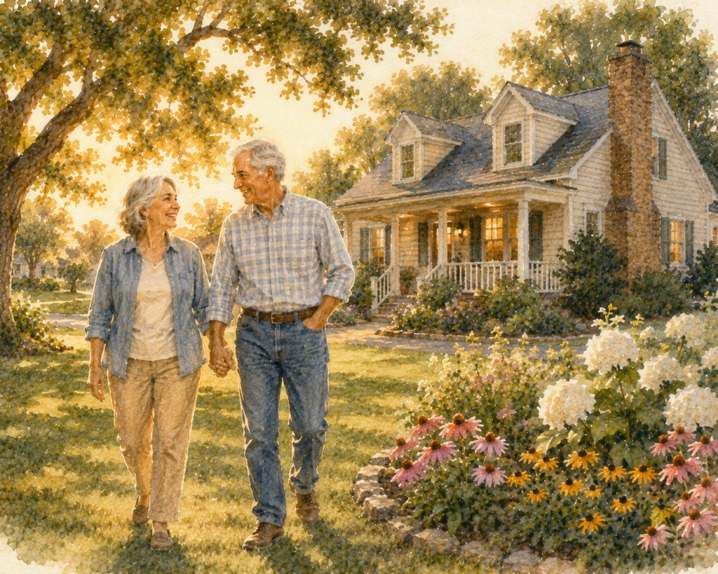 An older couple walks hand in hand through the flower garden of their longtime home, smiling as they enjoy a peaceful afternoon surrounded by blooming flowers and mature trees, representing thoughtful estate planning and protecting the home they've built together. Missouri trust attorney.