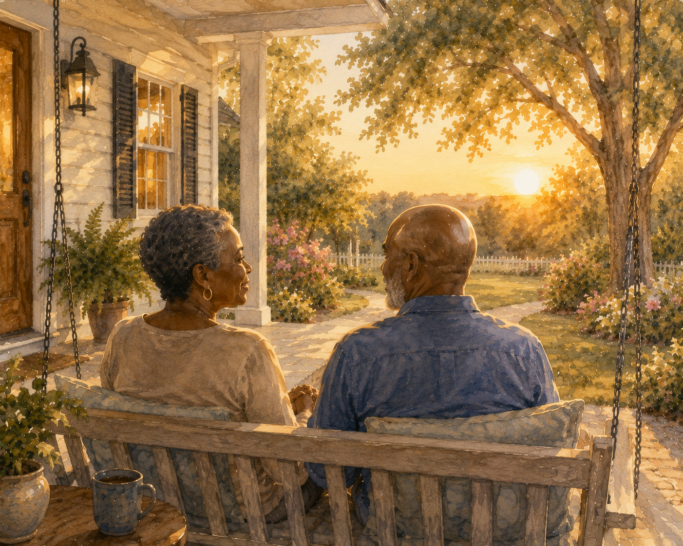 An older married couple sitting together on a porch swing at sunset, enjoying a peaceful conversation while overlooking the backyard of their longtime home. St. Charles Estate Planning.